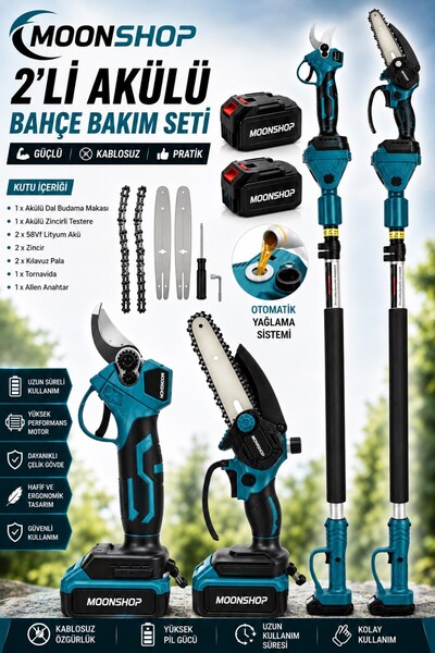MOONSHOP 2’li Akülü Bahçe Bakım Seti Çift Akülü Dal Budama Makası + Mini Zinc...