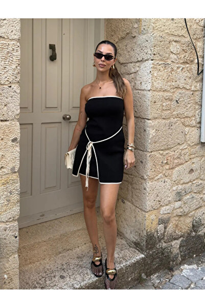 My Blog Black and White Strapless Mini Dress with Tie Detail