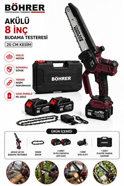 BÖHRER BA011408 2 AKÜLÜ KÖMÜRSÜZ 20CM DAL BUDAMA TESTERESİ 10 PİLLİ 36V 5AH