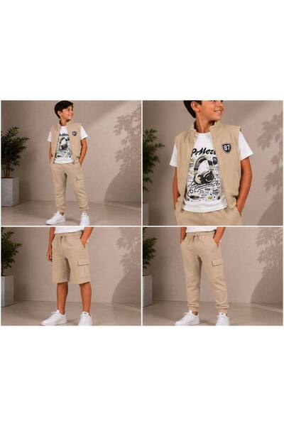 KADİR BABA Boys' Vest T-Shirt Shorts Pants 4 Piece Set 6-12 Years