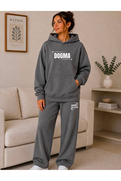 caddekombin Σετ φόρμας Unisex με κουκούλα και τσέπη καγκουρό, με στάμπα Dogma