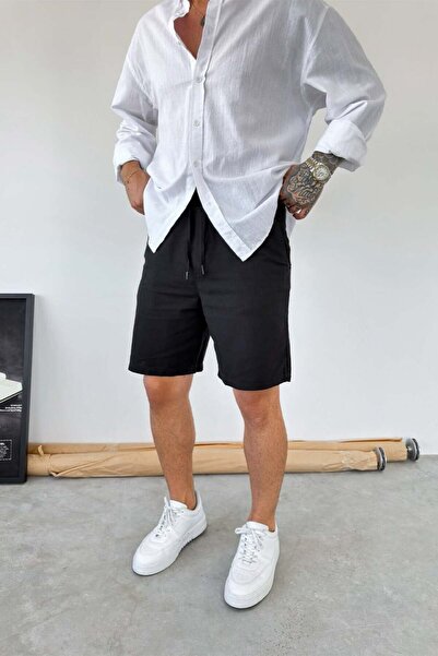 HAFKAGİYİM Black Basic Relax Fit Linen Shorts