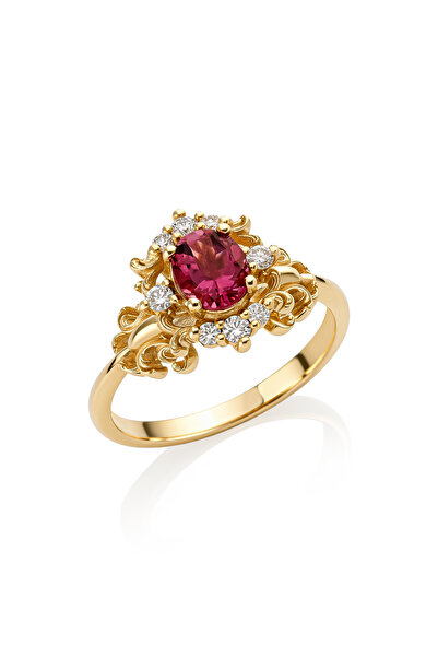 Coy Diamond Vintage Yüzük , Garnet & Pırlanta Yüzük,14 Ayar Altın Pırlanta Ta...