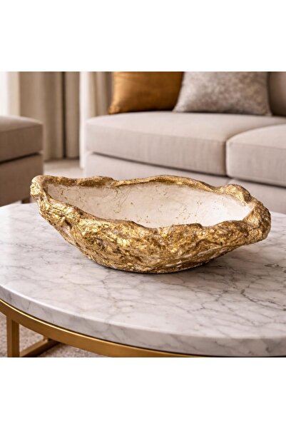 MİREVA 30 cm Dekoratif Gold Kase - El Yapımı Altın Taş Görünümlü Masaüstü Obj...