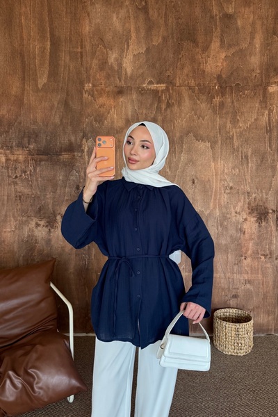 HYWONA Women's 100% Cotton Muslin Oversize Hijab Shirt Tunic Navy Blue