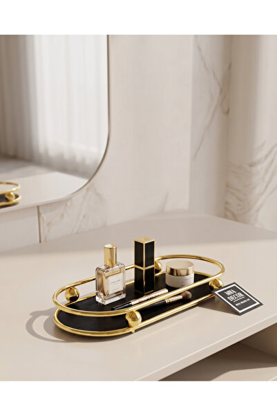 mba decor metal bending art Noir Dekoratif Organizer Tepsi Gold Metal Çerçeveli Siyah Yüzey 21 x 10 x 3 cm