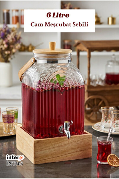 İnterlife Cam Şerbet Sebili Musluklu Meşrubat Sebili Stantlı Büyük Boy 6 Litre