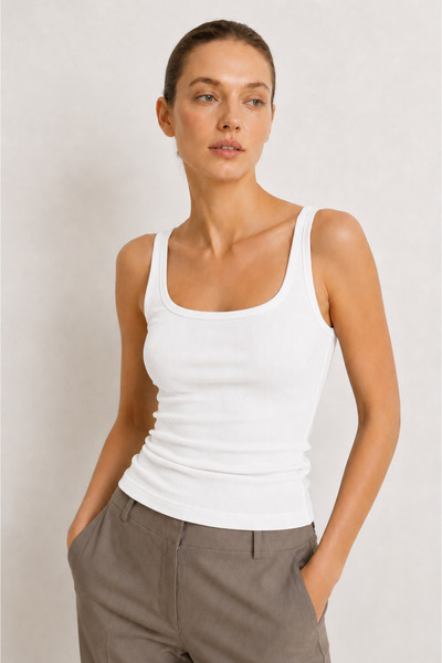 RİEMA Women's Thick Strap Ribbed Look Basic Cotton Ulra Soft White Blouse Und...