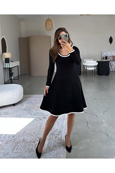 Wear Up فستان نسائي طويل الأكمام برقبة دائرية متوسط الطول من الفيسكوز بخيطين