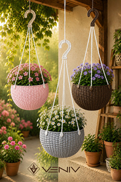 VENİV 3’lü Alt Tabaklı Rattan Desenli Askılı Saksı 2 Litre | Dekoratif ve Şık...