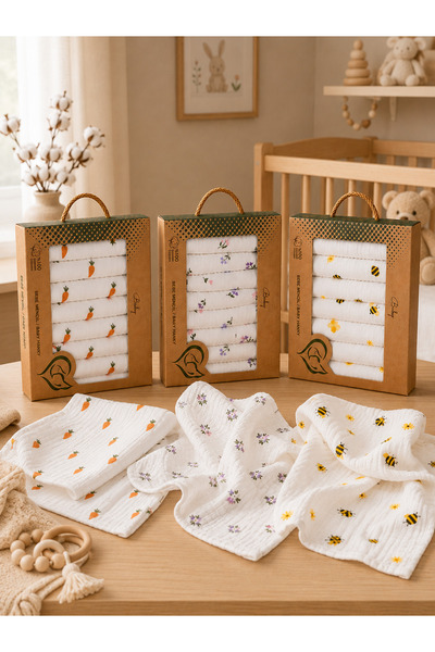 Lilliy %100 Pamuk Müslin Bebek Ağız Mendili 21'li Set (7 Havuç + 7 Çiçek + 7 ...