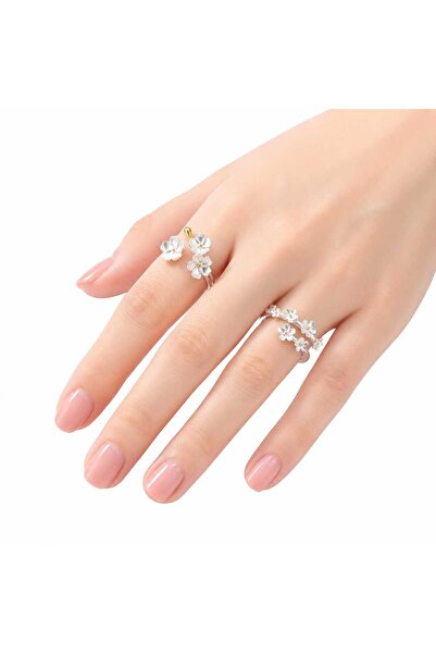 Nevara 2-Piece Women's Silver Flower Open Adjustable Rings Set - Trendy Gold-...