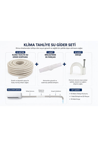 212 Isıtma ve Soğutma 1. Kalite 10 Metre Klima Su Gider Tahliye Hortumu + Ek ...
