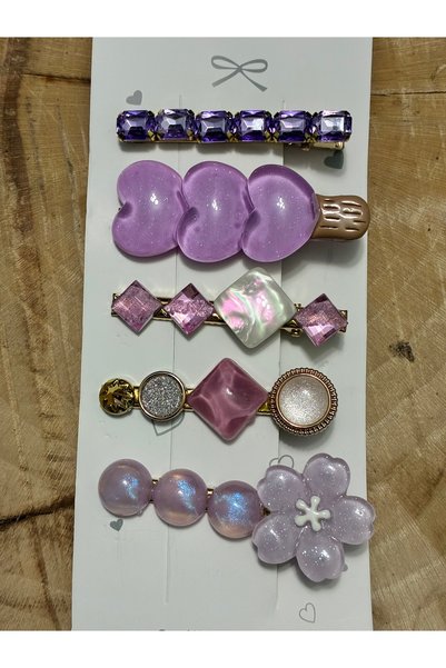 Mevohome Women's lilac crystal stone flower side buckle set of 5 - heart-shaped ice cream figured pearlescent clip-on buckle