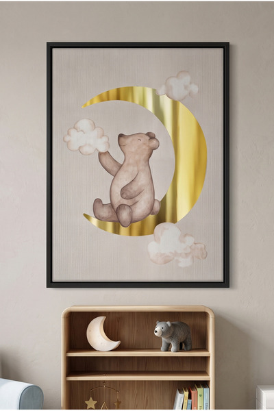 Jasmine Art Teddy Bear Sitting on Gold Moon Kids Wall Art | Portrait Framed C...
