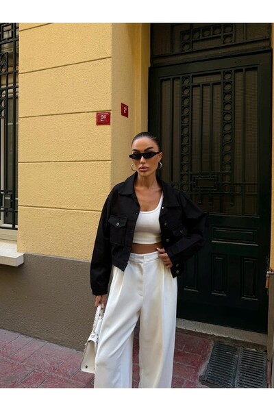 nido moda Çift Cep Denim Crop Ceket