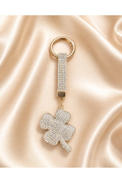 Kumru Studio Silver Clover Charm Keychain Bag Accessory with Stones