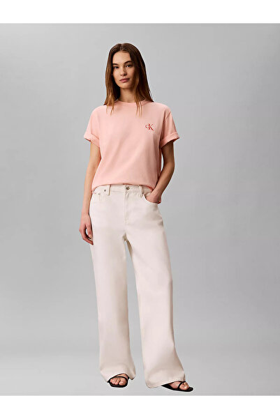 Calvin Klein Kadın Normal Kalıp Pamuklu Yuvarlak Yakalı CK Logo Baskılı Kısa Kollu Pembe T-Shirt