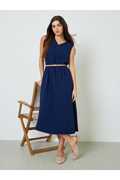 Take Two By Styli Plus Size Navy Blue Sleeveless Midi Dress