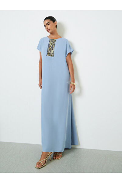 Amirah By Styli Blue Embroidery Detail Round Neck Jalabiya