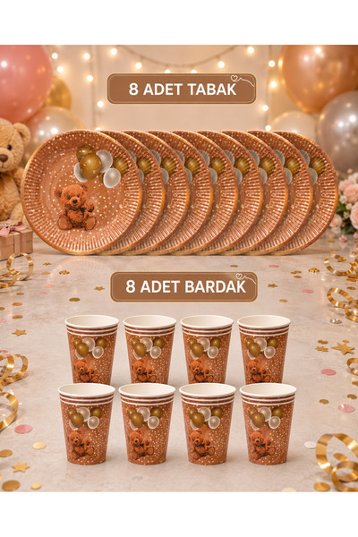 Doğasüs Retro ayıcık temalı 8 li tabak bardak set