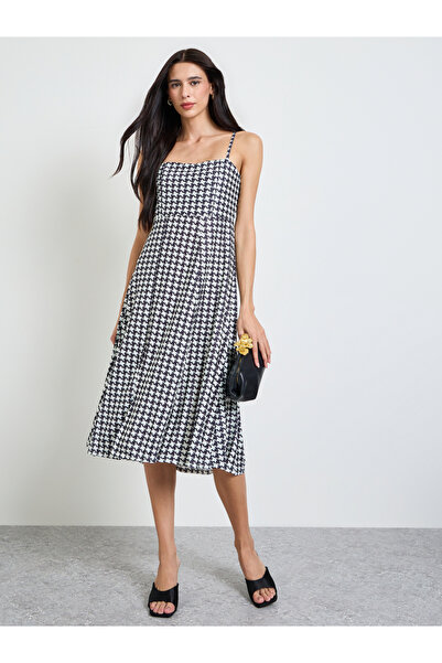 Styli Black Houndstooth Pattern A-Line Midi Dress