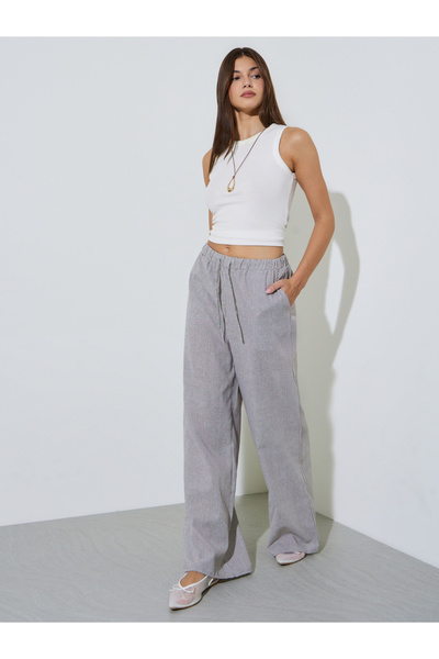 Styli Grey Striped Elastic Waist Wide Leg Pants with Pockets
