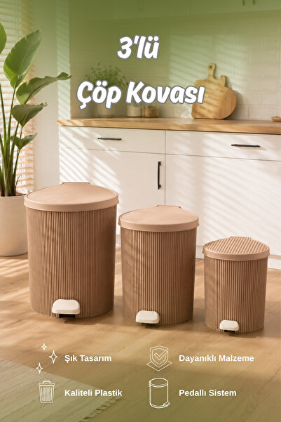 Porsima 0709-2 Stil 3lü Yuvarlak Pedallı İçi Kovalı Çöp Kovası Seti - Banyo M...