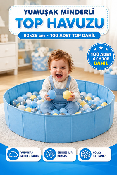 YILDIRIM OYUNCAK Yumuşak Tabanlı Top Havuzu 80×25cm – 100 Toplu Yumuşak Minde...