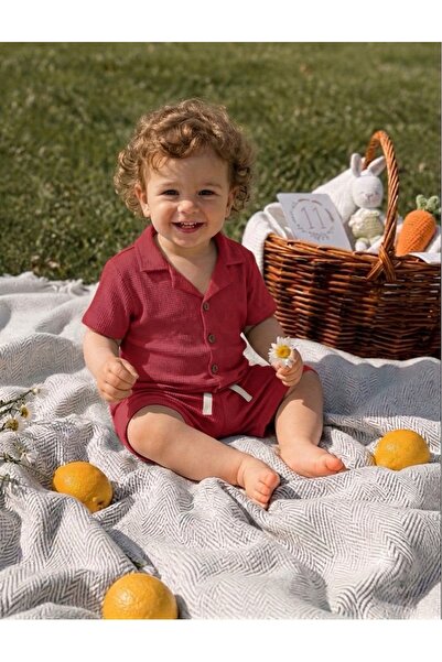 OMY Cotton Waffle Fabric Shirt with Buttons, Summer Shorts Set, Ages 1-5