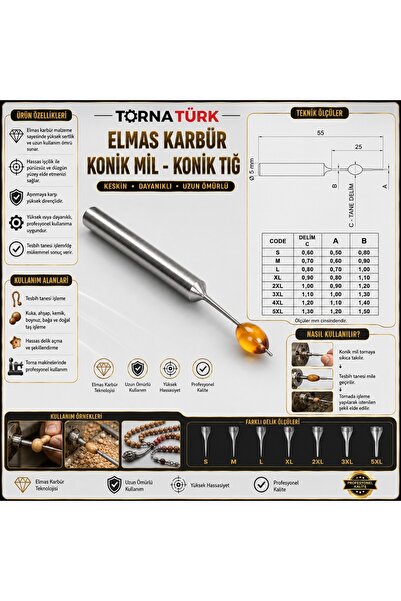 Torna Türk Elmas Karbür Konik Mil - Konik Tığ 1.3