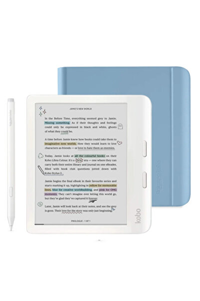 kobo Libra Colour Beyaz - Notebook Kılıf ve Beyaz Kalem Paketi - Mavi