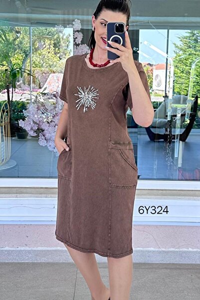 İnce Topuk Front Pocket Sequin Detail Washed Cotton Dress 6Y324