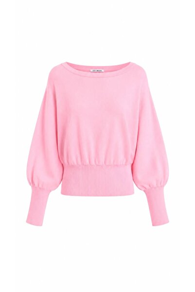 STF MODA Women's Popular Asymmetrical Boat Neck Knitwear Sweater Pink