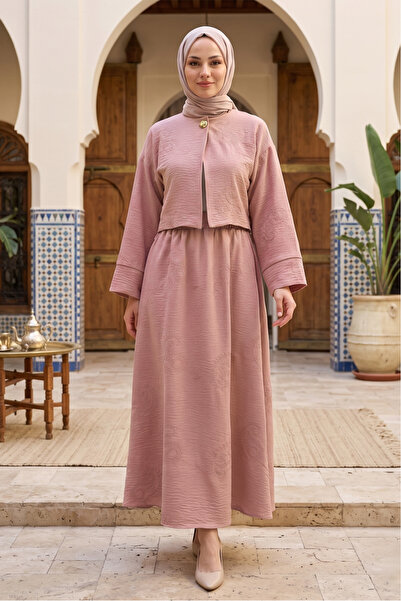 FERHEL Set kimono și fustă brodat cu un singur nasture pentru femei, Dusty Rose