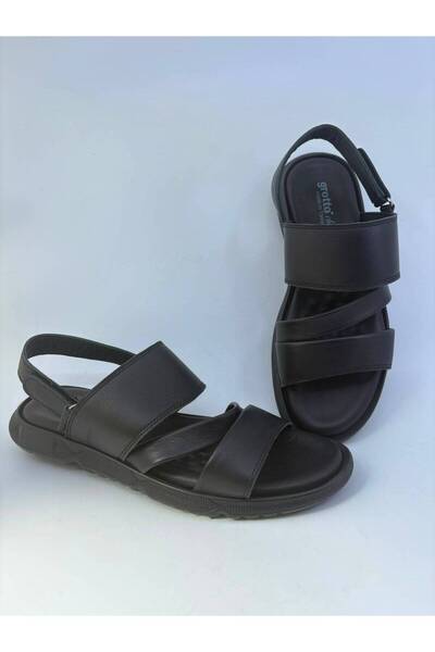 Papuccu Black Men's Genuine Leather Sandals