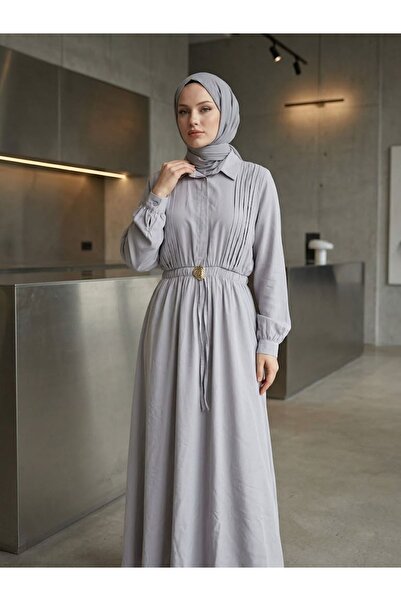 Foremia Waist Elastic Half Pat Accessory Detail Dress-Grey