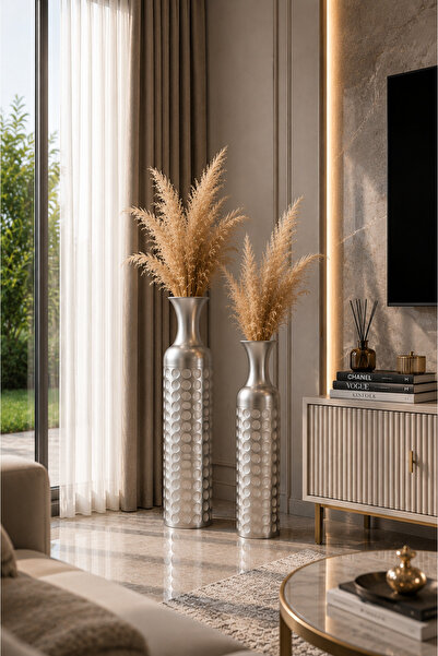 MİS KİTCHEN Oslo Silver Decorative Metal Vase Set of 2 – Medium Size 66 cm & ...