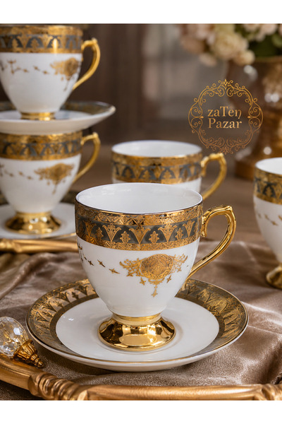 zaTen Pazar Gold Detaylı 6 Kişilik Porselen Türk Kahvesi Fincan Takımı 12 Parça