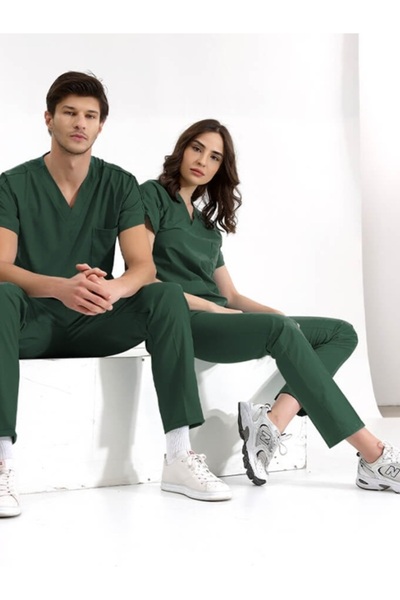 ÇİZGİ MEDİKAL Koyu Yeşil Dr. Greys Doktor-Hemşire Medika Scrubs Takım Lüks Li...