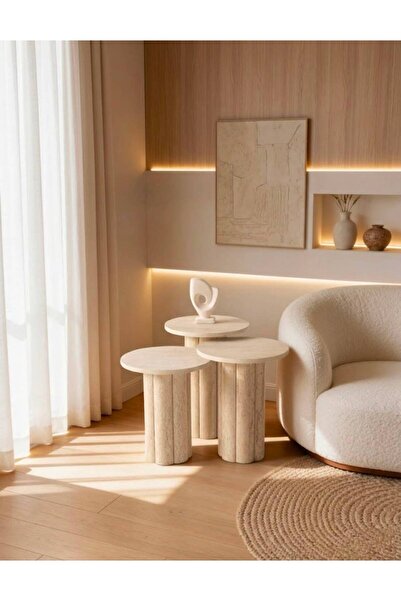 Lisso Home Atina 3'lü Traverten Zigon Sehpa 48x52, H:44