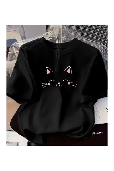 ZİYMO Women's Cute Cat Face Printed Oversized T-Shirt