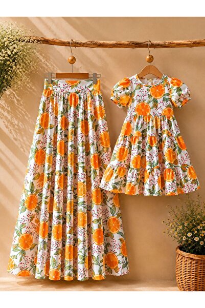 KÜÇÜĞÜM BUTİK Orange Patterned Mother-Daughter Skirt and Girl's Dress (Sold I...