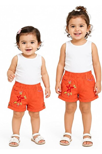Generic Girls Orange Floral Embroidered Shorts with Elastic Waistband |   Siz...