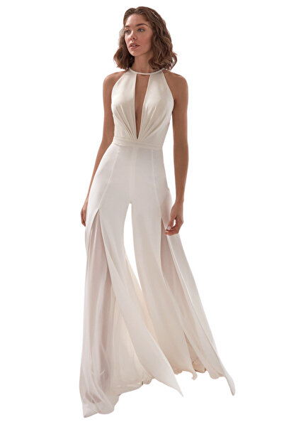 VeeShop Elegant women's jumpsuit with wide, lined pants, long slits and an op...