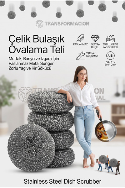 Paslanmaz Çelik Bulaşık Ovalama Teli 4'lü Set - Mutfak, Banyo ve Izgara İçin Paslanmaz Metal Sünger Zorlu Yağ ve Kir Sökücü 723353