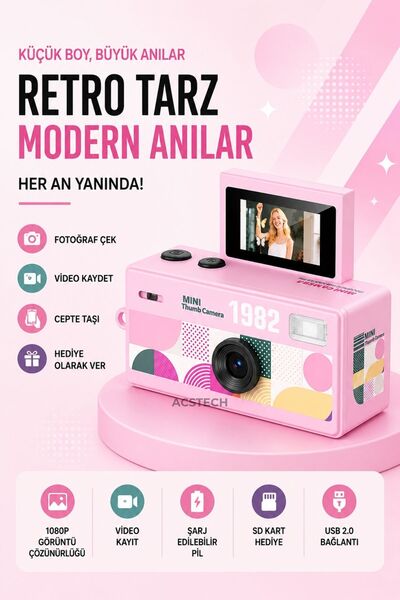 Mini Dijital Fotoğraf Makinesi | 1080P Full HD | 48 MP | Dönebilir Ekran | Retro Tasarım | Type-C Şarj | SD Kart Hediyeli | Şarj Edilebilir Pil
