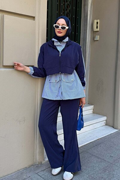 Modaensarbutik Kapüşonlu Garnili Modal Pantolon Tesettür Takım-LACİVERT
