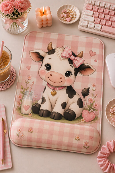 matizya Sevimli İnek Desenli Bilek Destekli Mousepad – Pembe Ekose Fiyonklu E...