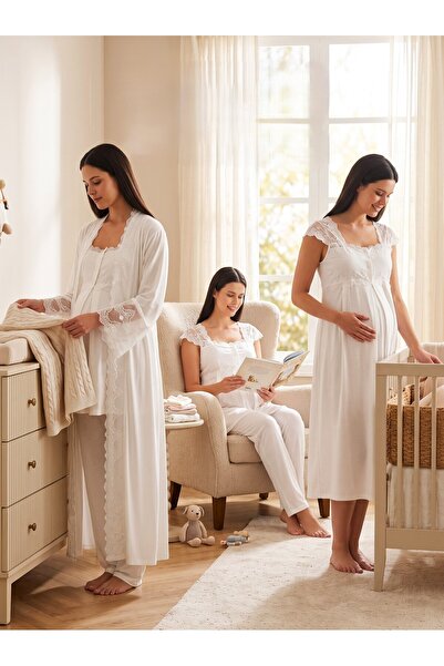 Lohussa New Season Ecru Special Lace Detailed Strappy 100% Cotton Breastfeedi...